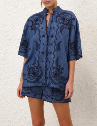 Aster Embroidered Denim Shirt Railway Blue Online