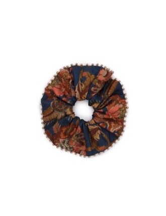 Beaded Printed Silk Scrunchie Navy Jacobean Online