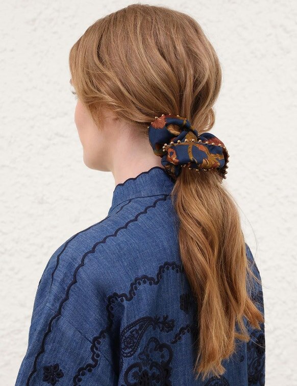 Beaded Printed Silk Scrunchie Navy Jacobean Online Beaded Printed Silk Scrunchie Navy Jacobean Online