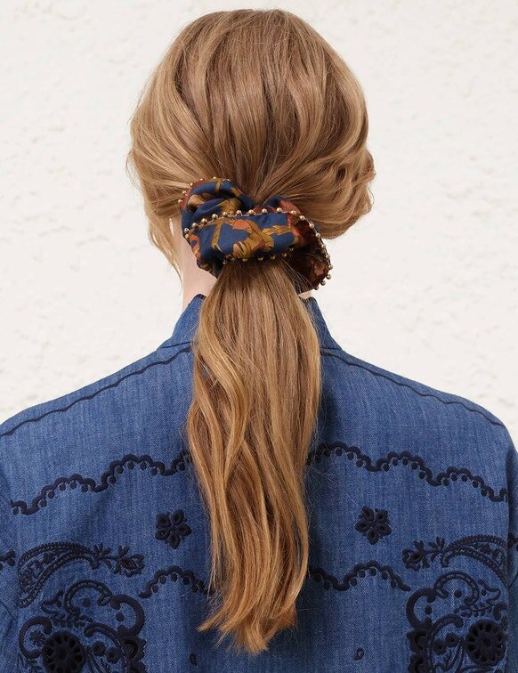 Beaded Printed Silk Scrunchie Navy Jacobean Online Beaded Printed Silk Scrunchie Navy Jacobean Online