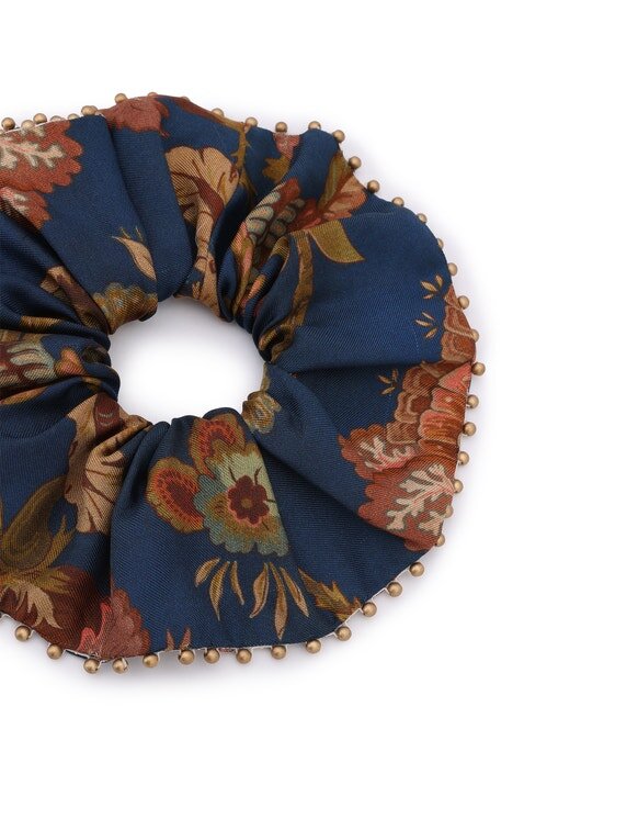 Beaded Printed Silk Scrunchie Navy Jacobean Online Beaded Printed Silk Scrunchie Navy Jacobean Online