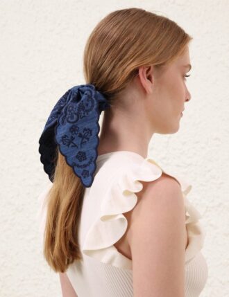 Embroidered Tie Scrunchie Railway Blue Online