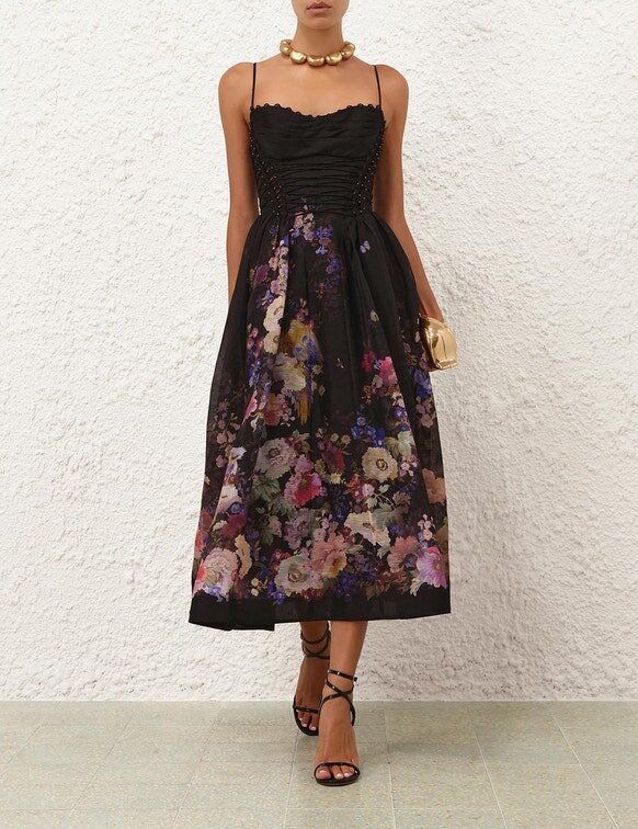 Luna Beaded Picnic Dress Black Multi Floral Online Luna Beaded Picnic Dress Black Multi Floral Online