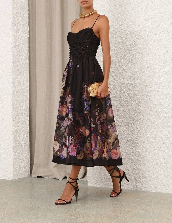 Luna Beaded Picnic Dress Black Multi Floral Online Luna Beaded Picnic Dress Black Multi Floral Online