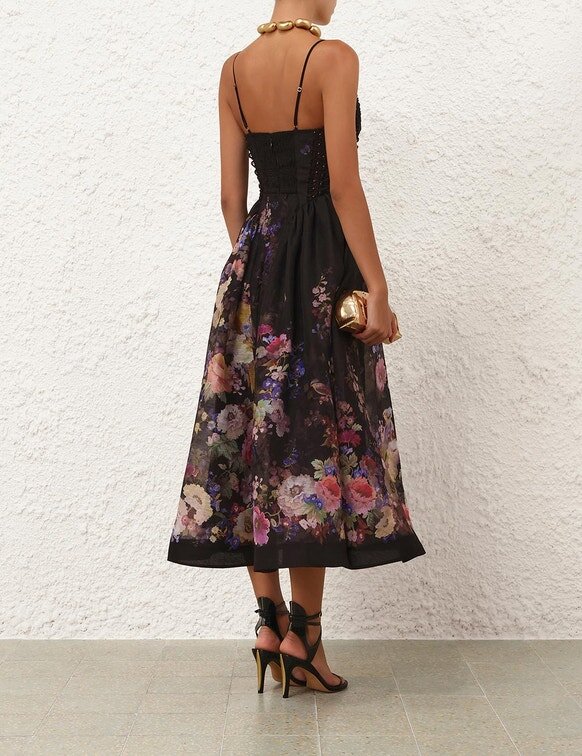 Luna Beaded Picnic Dress Black Multi Floral Online Luna Beaded Picnic Dress Black Multi Floral Online