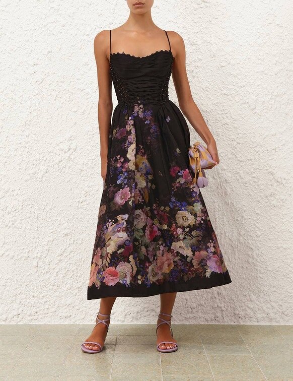 Luna Beaded Picnic Dress Black Multi Floral Online Luna Beaded Picnic Dress Black Multi Floral Online