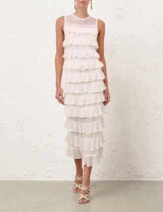 Luna Lace Frill Midi Dress Ivory Online