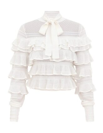 Luna Lace Frill Tie Neck Top Ivory Online