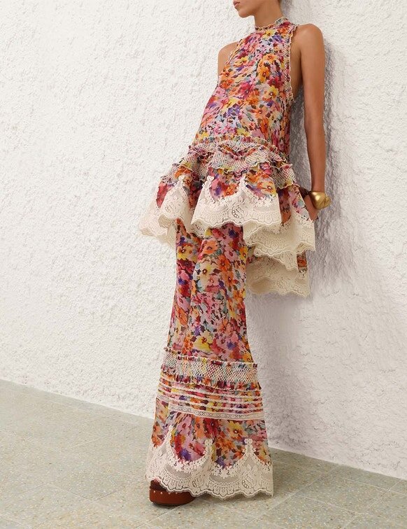 Luna Shirred Flare Pant Multi Floral Online Luna Shirred Flare Pant Multi Floral Online