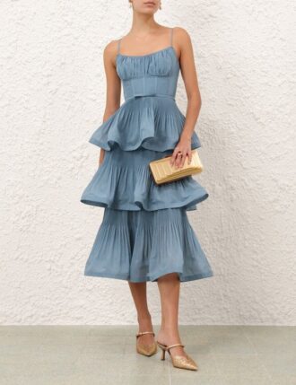 Pleated Tiered Midi Dress Deep Blue Online