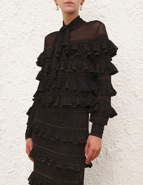 Rebellion Frill Tie Neck Top Metallic Black Online Rebellion Frill Tie Neck Top Metallic Black Online