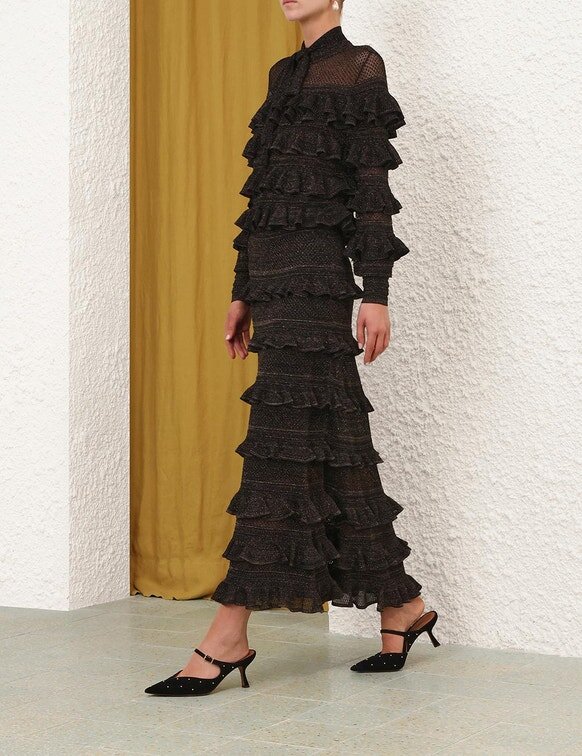 Rebellion Frill Tie Neck Top Metallic Black Online Rebellion Frill Tie Neck Top Metallic Black Online