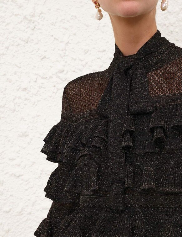 Rebellion Frill Tie Neck Top Metallic Black Online Rebellion Frill Tie Neck Top Metallic Black Online